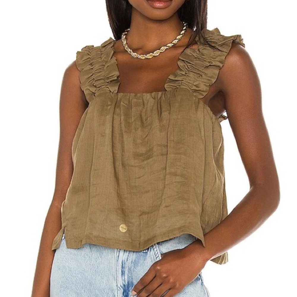 NWT Frame Ruffled Strap Square Neck Green Tank Top, size xs